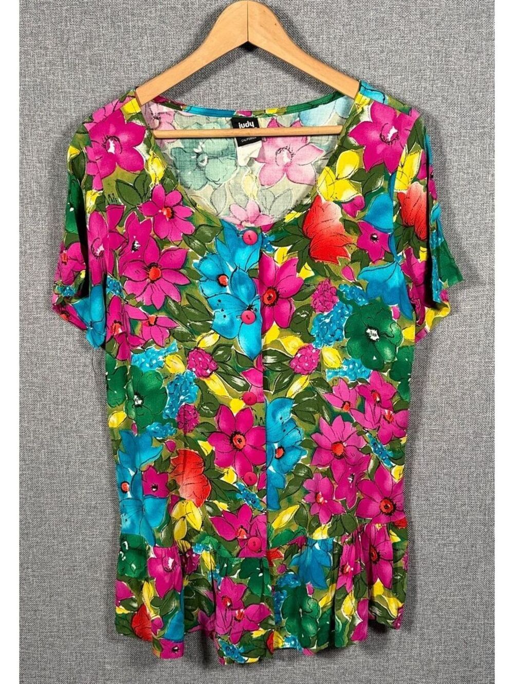 Vintage Judy Knapp California Floral Button Front Ruffle Hem Tunic Blouse M 8/10